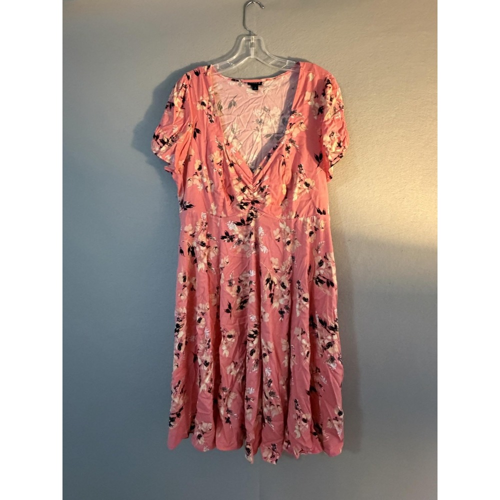 Torrid Dress Womens 1 Pink Floral V Neck Puff Sleeve Fit Flare Sundress Pockets